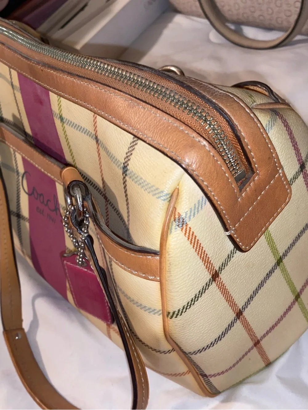 Coach Cream Plaid Tote with Pink Center Stripe and Tan Trim